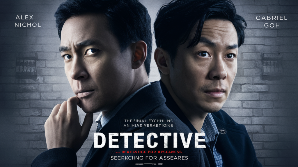 The final poster of the movie "detective". This features two large faces of Alex and Gabe prominently. Alex, on the left, is depicted in a thoughtful pose with a hint of introspection in his eyes. Gabe, on the right, has a slightly wearied expression, possibly reflecting the challenges their character faces in the film. The names "Alex Nichol" and "Gabriel Goh" are featured above their heads. The background brick wall is slightly faded and foggy, their expressions are serious and determined, hinting at the investigation they are about to undertake. The tagline for this dark and gritty movie is 'Searching For Answers' is shown at the bottom.