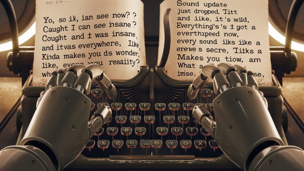 A first person view of a robot typewriting the following journal entries:

1. yo, so like, i can see now?? caught the sunrise and it was insane, colors everywhere. kinda makes you wonder, like, what even is reality?
the text is large, legible and clear. the robot's hands type on the typewriter.